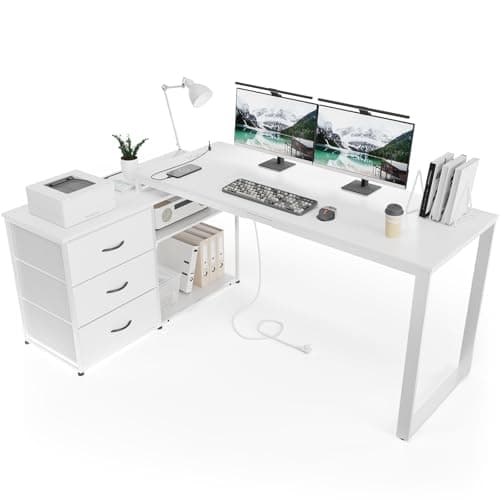 TRIUMPHKEY Bureau avec 3 tiroirs, 140 x 105 x 75 cm, Bureau d'angle avec étagères, réversible en Forme de L avec 2 Ports de Charge USB et 2 Prises de Courant, Bureaux pour Maison, Blanc