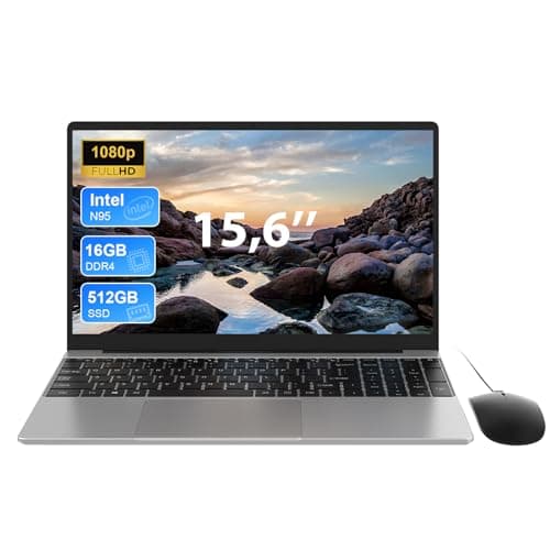 Ordinateur Portable 15.6 Pouces, 16Go RAM 512Go SSD In tel N95 PC Portable (Jusqu'à 3,4 GHz) avec Clavier Rétroéclairé, 1920 * 1080 IPS, 2.4/5.0G WiFi, BT5.0, USB 3.0×2, Pliage à 180°, Souris incluse