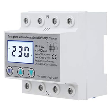 STVP 932 – Stabilisateur de Tension triphasé, Protecteur de Tension Réglable, Relais de Protection de Tension à Réinitialisation Automatique avec écran LCD (63A)