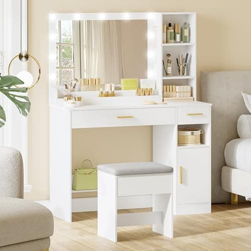 HEXCELEN Coiffeuse avec Miroir et Tabouret, Grand Miroir LED, Luminosité Réglable, Table de Maquillage, Coiffeuse avec 2 Tiroirs, 4 Compartiments et Armoire, 40 X 108 X 141 cm Blanc