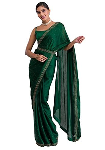 TRENDMALLS Sari de travail Siroski en mousseline de soie avec ceinture pour femme, vert foncé, taille unique