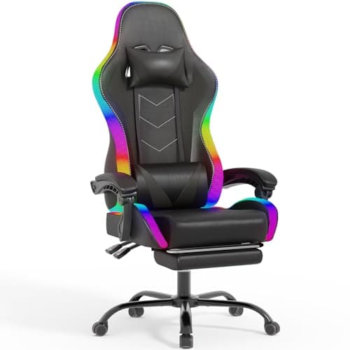 Devoko Chaise de Gaming LED avec Massage, Repose-Pieds et Coussin Lombaire - Ergonomique - avec Appui-tête réglable - Charge maximale : 180 kg (Noir)