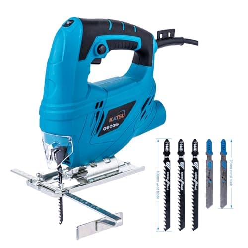 Scie Sauteuse, KATSU 400W Scie Sauteuse électrique avec 5 Lames, 0~3000 SPM, Angle ± 45°, Vitesses Variables, pour Couper Bois, Métal, Plastique (Gamme Budgétaire) 101624