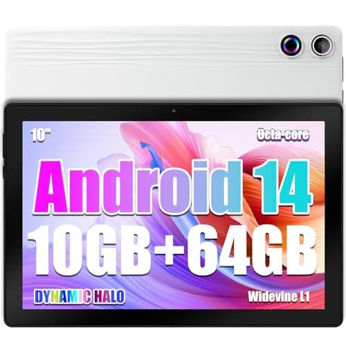 Tablette 10 pouces Android 14 Tablette Octa-Core Tablette, Widevine L1 10 Go + 64 Go + 1 To TF, WiFi 6 BT 5.3 Batterie 5000 mAh, Transmission OTG, Déverrouillage du visage, Prise casque Type C (Blanc)