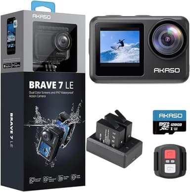 AKASO Brave 7 Le Caméra Sport avec Carte Mémoire U3 de 128 Go, Action Cam 30FPS 20MP WiFi, Caméra de Plongée 40M avec Écran Tactile IPX7, Camera Sport 4k Stabilisateur EIS 2.0 avec Double Écran