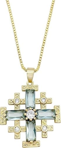 Nazareth Store Pendentif croix de Jérusalem plaqué or jaune 18 carats avec topaze cristallisée et chaîne de 50,8 cm