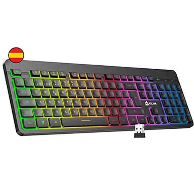 KLIM™ Light V2 Clavier sans Fil QWERTY ES + Fin, Ergonomique, Discret, Waterproof, Silencieux + Clavier Gamer rétroéclairé pour PC Mac PS4 Xbox One + Batterie Intégrée Longue Durée + Nouveauté 2022