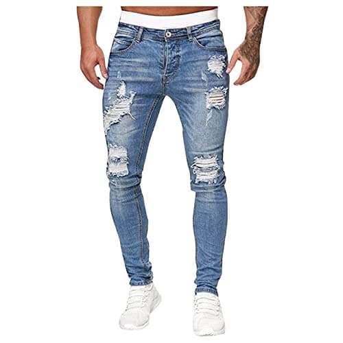 Nouveau Fashion Jean Homme 2022 - Pantalon Troué Skinny Slim Droit Déchiré Moulant Bootcut - Bleu Clair Pas Cher