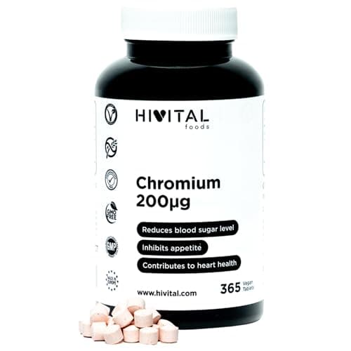 Chrome 200 mcg. 365 comprimés végétaliens pour 1 an de traitement. 200 µg de Chrome pur par comprimé. Picolinate de Chrome, biodisponible et sans additifs chimiques. Fabriqué en Europe par HIVITAL