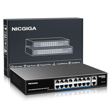 Commutateur Gigabit PoE 16 Port Non géré, 16 Port PoE+@250W, 2 Port de Liaison Montante Gigabit, commutateur réseau Gigabit Power Over Ethernet NICGIGA 18 Port, Mode VLAN, Montage en Rack 19 Pouces