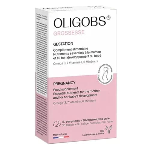 CCD Oligobs Grossesse – Complément alimentaire femme enceinte – Acide folique, DHA, fer – 30 comprimés + 30 capsules – Fabriqué en France