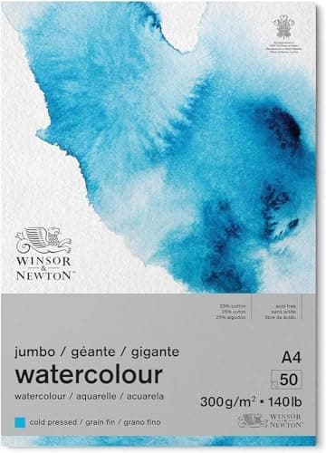 Winsor & Newton Papier, Mélange de 25% de Coton et de Fibres de Cellulose, Aquarelle Bloc Jumbo Grain Fin 300G A4 50 Feuilles, Set Pièces