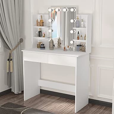 WOLTU Coiffeuse avec Miroir LED à Luminosité Réglable, Table de Maquillage avec 2 Tiroirs et 4 Étagères de Rangement, Meuble Chambre Style Moderme en Bois, Blanc, MB6096ws