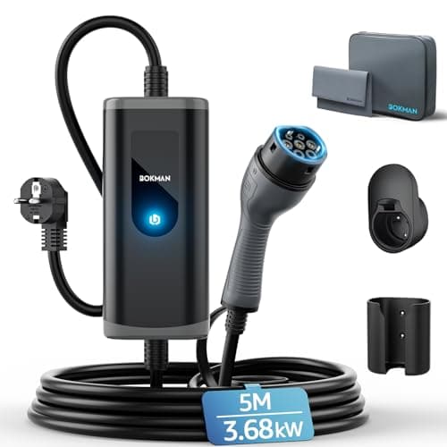 bokman Chargeur Voiture Electrique, (16A, 3.68kW, 5m) Type 2 EVSE Portable Recharge Voiture Electrique Compatible avec Model 3, Model Y, EX30, XC60, Q4, MG4, 208EV et PHEVs