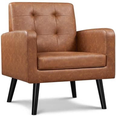 Yaheetech Fauteuil de Salon en Similicuir avec Dossier Capitonné Pieds en Bois Massif pour Salon Chambre Brun Rustique