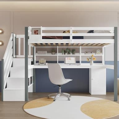 Merax Lit mi-hauteur pour enfant avec boîte de rangement en tissu, bureau et espace de rangement, avec échelle latérale, étagère ouverte, pin + MDF, blanc + gris, 90 x 200 cm, sans matelas