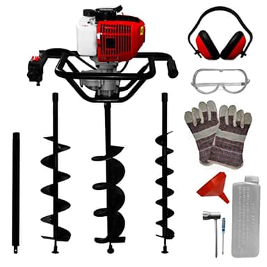Tarière Thermique 52cc Foreuse à Essence avcec 3 Forets 82cm avec Ø 102 mm, 152 mm & 200 mm [Entonnoir, Trousse d'outils & Kit EPI INCLUS] Rallonge 60 cm - Jardinage, Creuser, Digger,