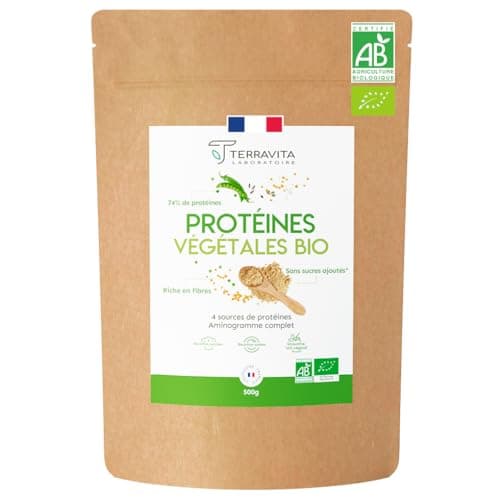 Protéines Végétales BIO | 4 Sources : Aminogramme Complet | Idéale en Shaker ou Recette | Mélange Onctueux sans Grumeaux | 500g Goût Neutre | Sans Excipients & Vegan | Made in France | Terravita