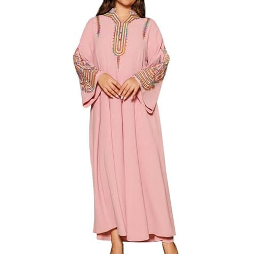 Robe Arabe Femme Grande Taille,Vetement Femme ArabeRobe À Manches Longues Vêtements Ethnique Islamique Modeste Style Moyen-Oriental Caftan Couleur Unie Col Rond Dress