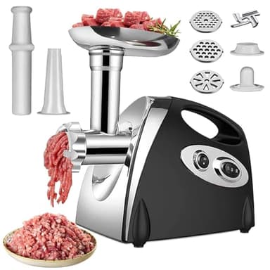 Hachoir Viandes Électrique, 2800W Hachoir Électrique, 3 en 1 Hachoir à Viande Acier Inoxydable avec 3 plaques de Broyage en Acier Inoxydable et Kubbe, Hachoir a Viande pour Légumes Saucisses (Noir)
