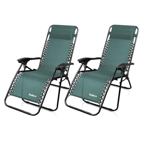 Todeco Chaise Longue Transat Jardin Plein Air, Transat de Plage Pliable, Bain de Soleil avec Repose-tête, d’accoudoirs Réglables, Lot de 2 Chaise de Camping en Respirantes Textilène, Vert