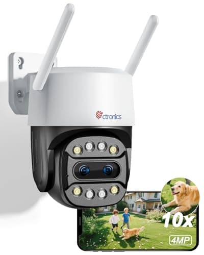 Ctronics Zoom Hybride 10X Caméra de Surveillance Extérieure 2,5K et Double Objectif, Caméra PTZ WiFi 4MP, Détection Humain/Véhicule, Suivi Auto, Vision Nocturne Couleur, Audio Bidirectionnel, IP66