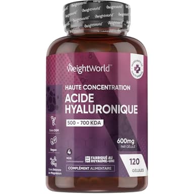Acide Hyaluronique en Gélules 600mg, 120 Gélules Vegan Pour 4 Mois, Acide Hyaluronique Avec 500-700 kDa Sous forme d'Hyaluronate de Sodium
