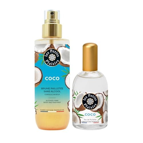 Les Petits Plaisirs - Lot Brume parfumée coco pailletée + Eau de toilette Coco, Spray pailleté corps. Made in France, Brume 200ml, Eau de toilette 110ml