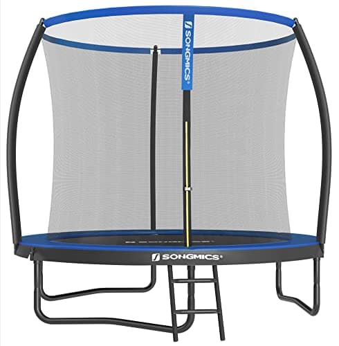 SONGMICS Trampoline Extérieur Enfant Diamètre 244 cm, Filet de Protection, Poteau Incurvé de 180 cm de Haut, Coussins de Sécurité, Échelle, Cadre en Acier, Noir et Bleu STR8BK