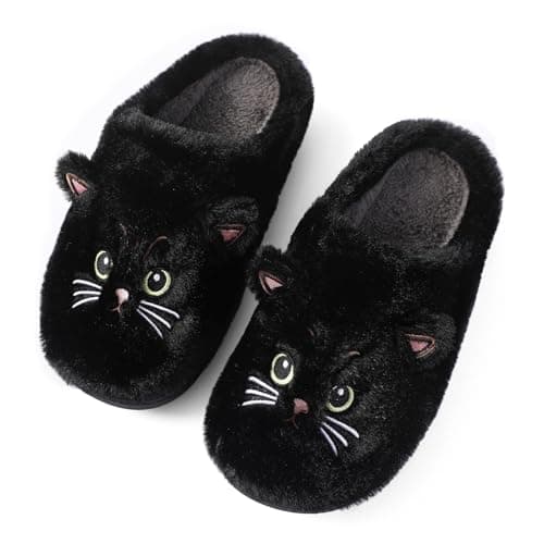 Puimentiua Mignon Chat Pantoufle Femme, Hiver Dessin Animé Chaussons Pantoufles Chat Femme Confortable AntidéRapant Chaussons Homme Fourrure Mules Pantoufles, Noir, 37-38