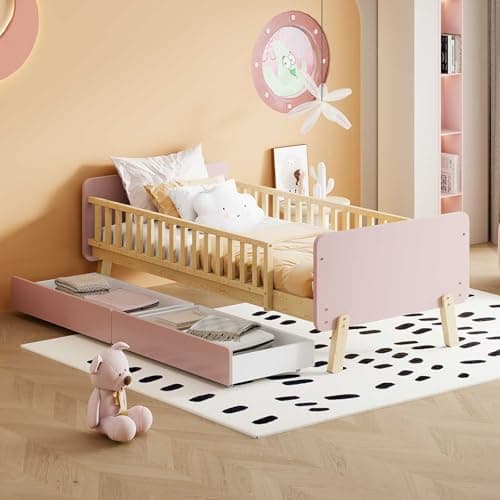 YEHTOKHOME Lit d'enfant 90x190cm,lit Multifonctionnel avec 2 tiroirs,lit en Bois Massif avec sommier à Lattes,lit Simple de Style Moderne(sans Matelas) (Rose)