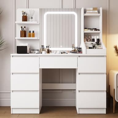 TRIUMPHKEY Coiffeuse avec Miroir LED, Luminosité Réglable,Coiffeuse Moderne vanité de Maquillage avec 2 étagères et 7 Tiroirs,Coiffeuse Blanche (Blanc)