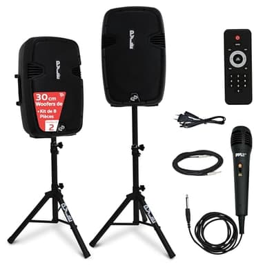 Pyle Kit Enceintes avec 2 Pieds d'Enceintes, Kit de Système PA Portable sans Fil, 1800W, Compatible Bluetooth, Paire Active/Passive pour Sonorisation Intérieure/Extérieure, Multiples Entrées