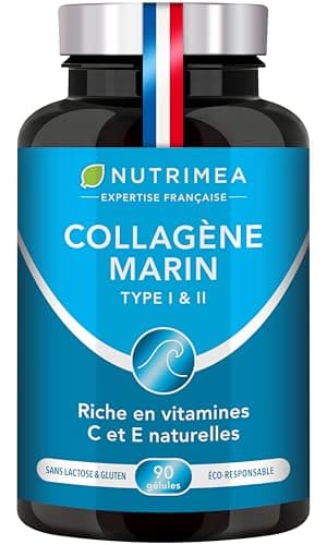COLLAGENE MARIN - Type 1 & 2 BREVETÉ Pur et Naturel - Vitamines A, C & E Végétales - Nutrimea - Hydratation de la Peau - Protège Os et Articulations - 900 mg - 90 Gélules - Fabriqué en France
