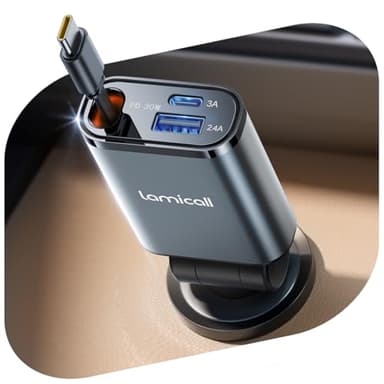 Lamicall 3 en 1 Chargeur Allume Cigare Voiture USB C - [75 CM Câble Type-C Rétractable] 50W Charge Rapide Chargeur Voiture avec USB-C/USB-A, 180° Pliable Prise 12V/24V pour iPhone, Android