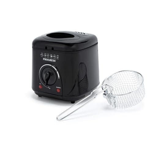 Progress Friteuse Compacte 1L Mini 950W, Panier de Cuisson Amovible Antiadhésif, Facile à Nettoyer, Antidérapant, Contrôle de Température Réglable, Filtre Réducteur d'Odeurs, Garantie 3 ans