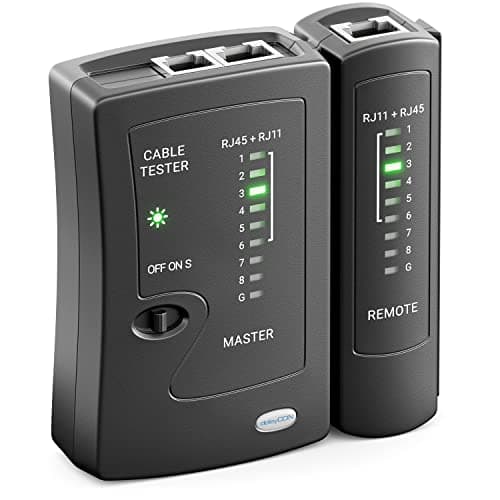 deleyCON Testeur de Câble Réseau RJ11 RJ12 RJ45 ISDN LAN - pour Câbles Patch CAT6 CAT7 CAT8 - Testeur de Cordon et Câblage - Noir