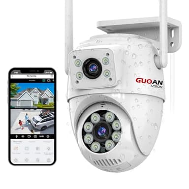 GUOANVISION Camera Surveillance WiFi Extérieur,【6MP Lien à Double Lentille】 360°IP Caméra Exterieur,IP66 Étanche,Vision Nocturne en Couleur, Audio Bidirectionnel, Alerte instantanée,Carte TF/Cloud