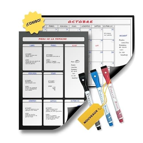 Previs Pack Calendrier Magnétique Mensuel A4 + Agenda Magnétique Hebdomadaire A4 pour Réfrigérateur - Organisateur - Agenda, Menu, Courses, Routine, Etudes, Tâches, Travail