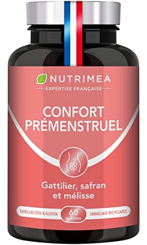 Confort Prémenstruel - Apaise le Syndrome Prémenstruel et les Règles Douloureuses - Mélisse, Gattilier & Safran Breveté Safr’inside™ - Nutrimea - 60 gélules Vegan - Fabriqué en France