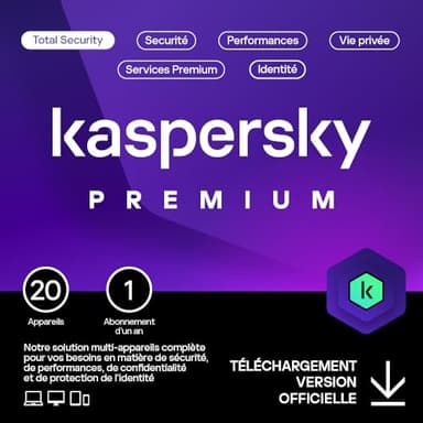 Kaspersky Premium Total Security 2025 | 20 appareils | 1 an | Anti-Phishing et Pare-feu | VPN illimité | Gestionnaire de mots de passe | Contrôle Parental| PC/Mac/Mobile | Code d'activation par email