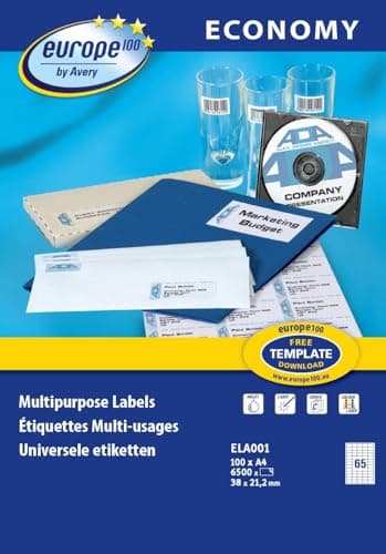 Europe 100 Étiquettes Multi-Usages Autocollantes Blanches 38 x 21,2 mm - 6500 Pièces - Impression Laser, Jet d'Encre et Copieur