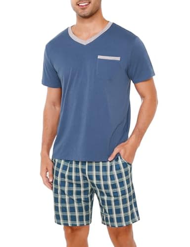 Litherday Pyjama Homme Court Coton Ensembles de Pyjama Homme Été à Col V et Short à Carreaux Vêtements de Nuit Décontracté Vêtements de Détente Doux