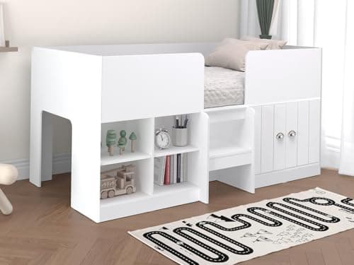 Vente-unique - Lit mi-Hauteur 90 x 190 cm avec rangements - Coloris : Blanc - BOUTANIO - pour Enfant