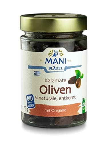 MANI Lot de 3 olives Kalamata naturelles, dénoyautées, bio, 3 x 175 g