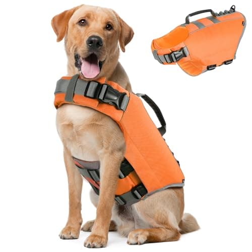 Pawaboo Gilet de Sauvetage pour Chien, Gilets de Natation Réfléchissant pour Animal de Compagnie en Tissu Oxford, Veste de Flottaison de Chien Réglable et Anti-Déchirure avec Poignée, XL, Orange