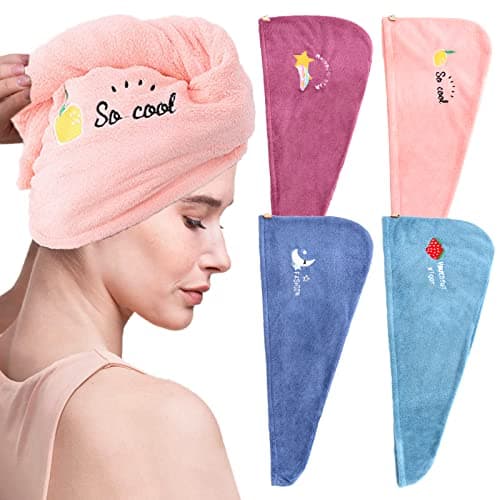 ZYNERY 4 Pcs Serviettes Microfibre Cheveux, 4 Couleurs Serviette Cheveux Sechage Rapide avec Bouton, Serviette à Séchage Rapide Cheveux Super Absorbante, Bonnet de Séchage pour Cheveux Secs et Bouclés