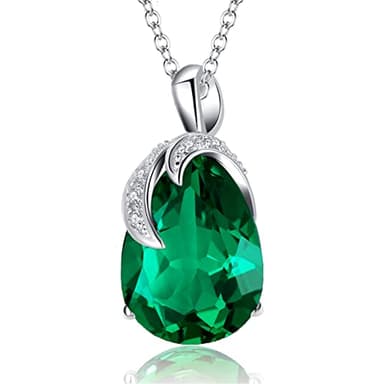 VONSSY Collier de pierres précieuses de pierre de naissance émeraude verte Rectangle ovale goutte d'eau larme cristal diamant enveloppé pendentif chaîne (Ovale B-Platine)