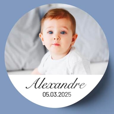 Lot de 24 stickers personnalisés, votre photo, thème baby shower, naissance, baptême, autocollant rond prénom date, typographie au choix, étiquette adhésive, mat ou brillant, 4cm