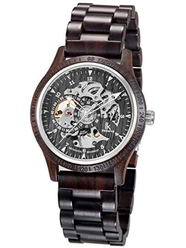 Alienwork Montre Automatique Homme Noir Bracelet en Bois Squelette